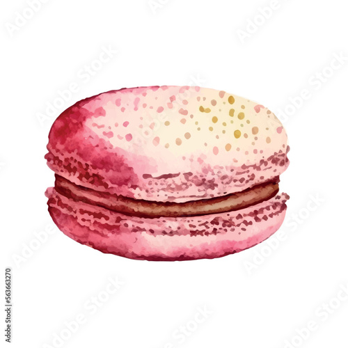 Watercolor image of blue macaroon decorated with bright pink daisy flowers isolated on white background. Hand drawn illustration of popular crunchy dessert for cafe decoration