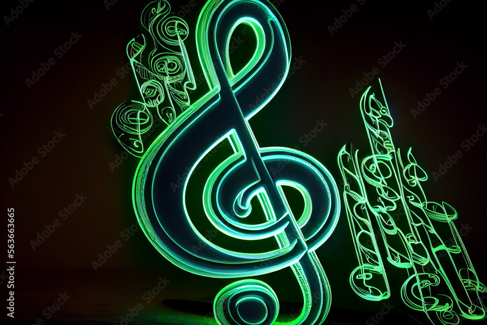 Fototapeta premium Neonfarbener Violinschlüssel als Musik Note auf schwarzen Hintergrund - Generative Ai
