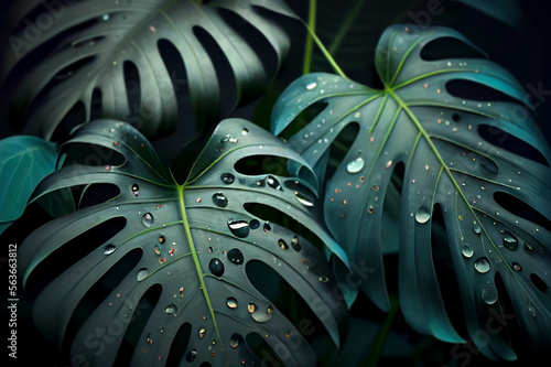 Background with big tropical leaves, generative ai