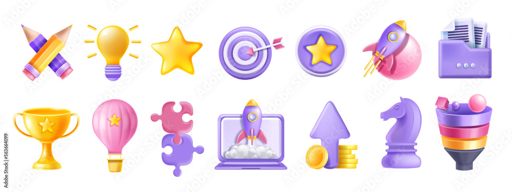 3D creative startup icon set, laptop screen, rocket launch, idea bulb, golden trophy, funnel. Business project vector marketing object kit, professional strategy concept. Startup icon achievement star