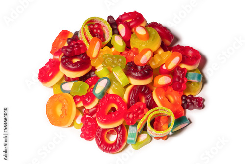 Assorted colorful gummy candies. Top view. Jelly donuts. Jelly bears. Isolated on a white background. © Nikolay