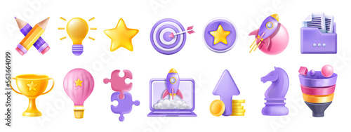 3D creative startup icon set, laptop screen, rocket launch, idea bulb, golden trophy, funnel. Business project vector marketing object kit, professional strategy concept. Startup icon achievement star