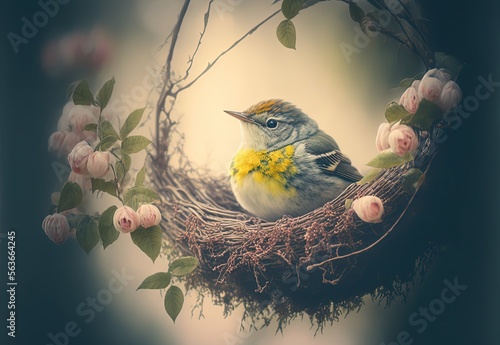 cute little warble bird sitting on her eggs in nest for incubating it. beautiful tree branch with flower in spring season time Generative Ai	