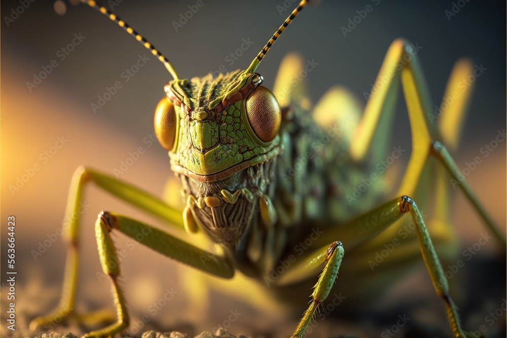  a close up of a grasshopper insect on a surface with other insects around it and a yellow light shining on the top of the head of the insect's head and neck,. , AI - obrazy, fototapety, plakaty 