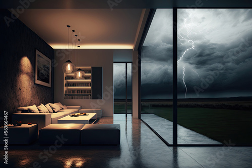 Storm-Proof Sanctuary: A Modern, Energy-Efficient Room with Large Windows for Natural Light and Storm Watchin. Generative AI photo
