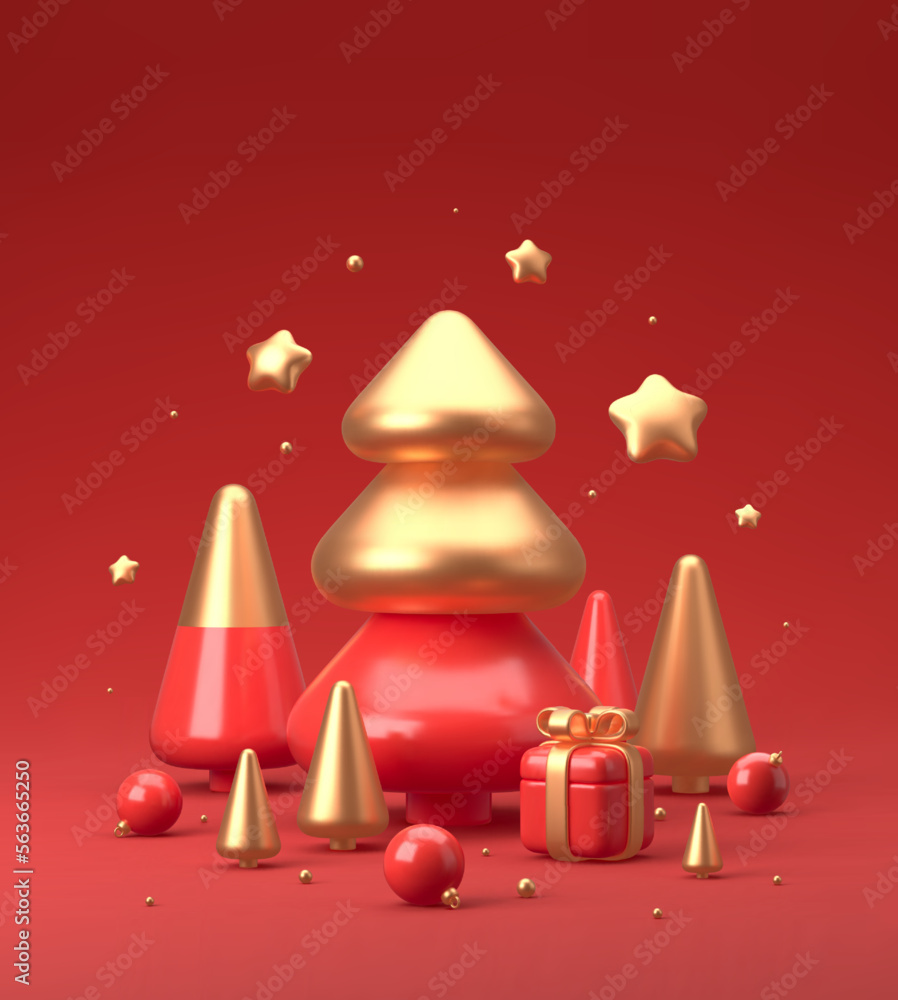 Merry Christmas and Happy New Year festive composition. Colorful Xmas background with realistic 3d trees and gift boxes. Vector illustration - obrazy, fototapety, plakaty 