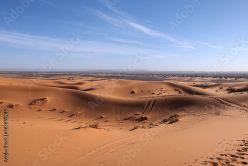 Rolling desert landscape. We see different tracks left in the sand.