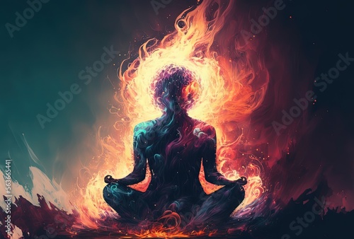 illustration of human body in meditation pose with fire flame and aura emerge from body shape against black dark background  Generative Ai