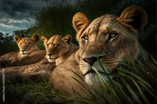  three lions are laying in the grass together and staring at the camera with a dark sky in the background and a few clouds in the sky above them, and a few green grass,. , AI Generative AI photo