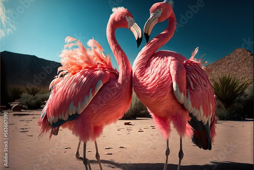  two flamingos standing in the sand with their necks crossed and their heads turned to the side, with mountains in the background, and a blue sky with clouds, and a few clouds. , AI Generative AI