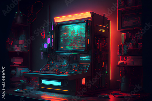 A neon-lit, cyberpunk-themed computer terminal, generative ai