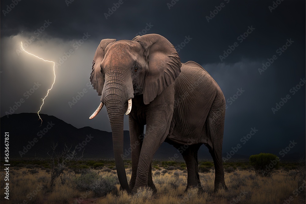 an elephant standing in a field under a lightning storm with a dark sky