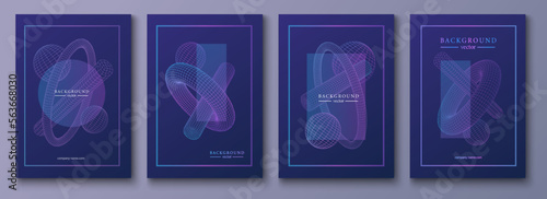Modern minimalistic technology cover design set. Abstract templates fashionable background with grid 3d shapes. Geometric design concept futuristic science blue vector illustration for brochure, flyer