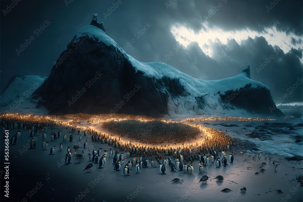 a group of people standing in the snow with a mountain in the ...
