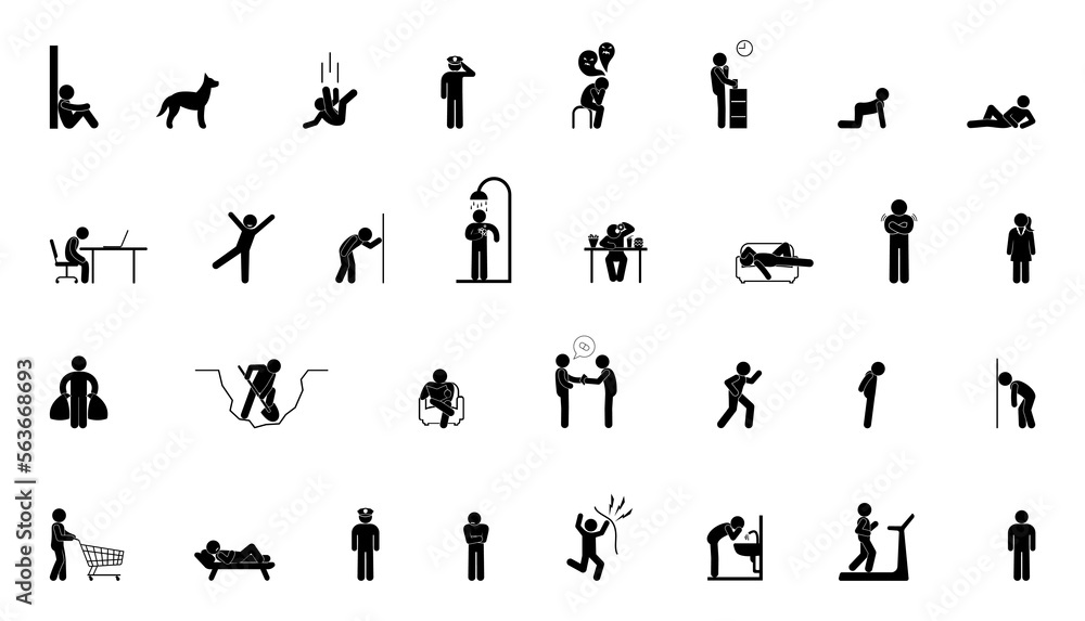 stick figure man icon, people stand, lie, sit and walk, set of isolated human silhouettes