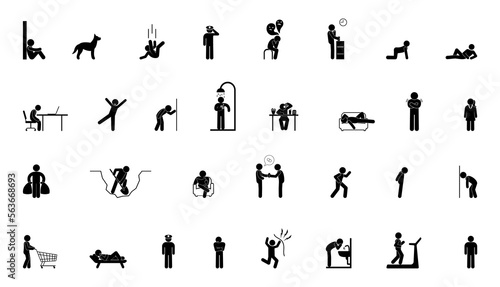 stick figure man icon  people stand  lie  sit and walk  set of isolated human silhouettes