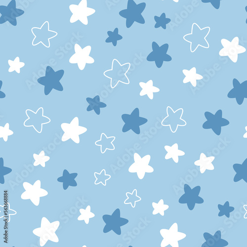 Cute hand drawn blue and white flat and doodle stars seamless vector pattern. Kawaii cosmic background for kids room decor, nursery art, fabric, wallpaper, wrapping paper, apparel, textile, packaging.
