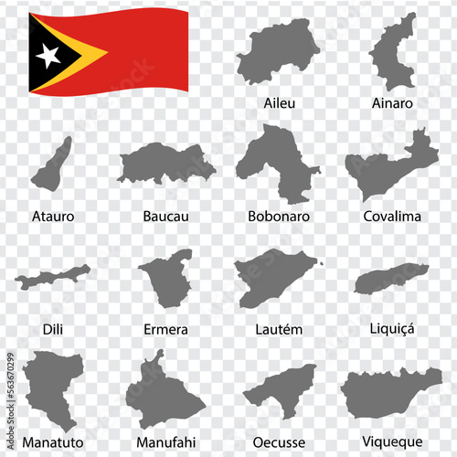 Fourteen Maps  of East Timor - alphabetical order with name. Every single map of Provinces are listed and isolated with wordings and titles.  Democratic Republic of Timor-Leste. EPS 10.