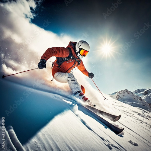 Man skiing. Descending a slope. Extreme sport. Generative AI. photo