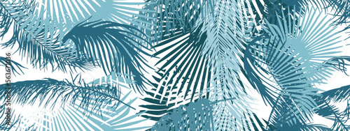 Tropical leaves pattern. Seamless texture with banana leaves and palm tree leaf. Banner for the travel and tourism industry  summer season. Blue floral design element  print for fabrics.