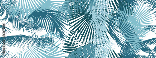 Tropical leaves pattern. Seamless texture with banana leaves and palm tree leaf. Banner for the travel and tourism industry, summer season. Blue floral design element, print for fabrics.