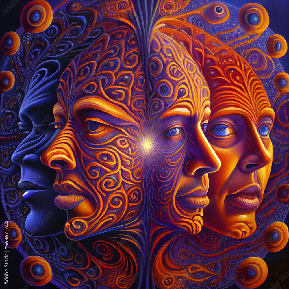 Colorful psychedelic portrait, abstract surreal illustration with five heads