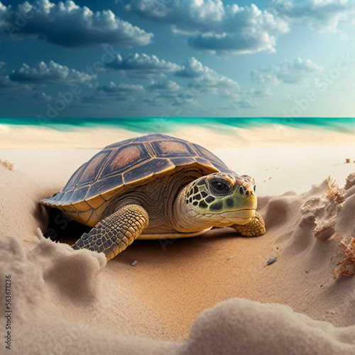 Land turtle on the beach. Generative AI.