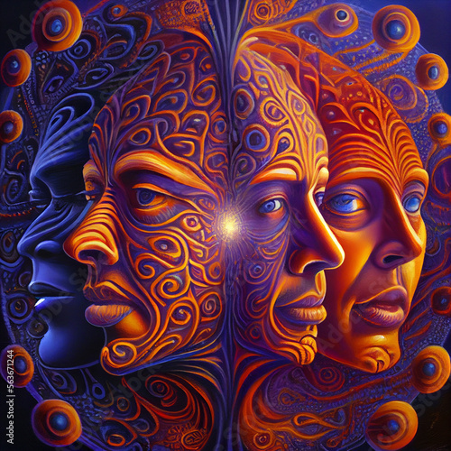 Colorful psychedelic portrait, abstract surreal illustration with five heads
