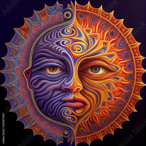 Sun and moon esoteric illustration colorful psychedelic abstract