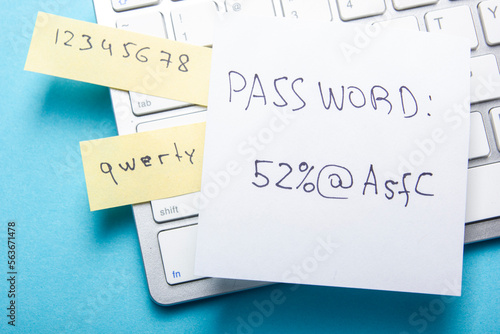 Strong and weak password on pieces of paper. Password security and protection. photo