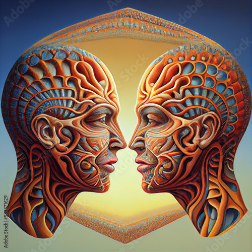 Abstract portrait with two heads, duality, autoscopy, out-of-body experience, trippy illustration photo