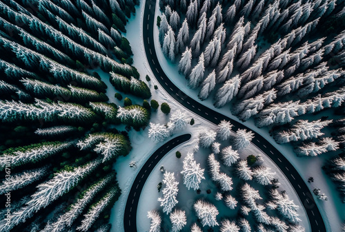 winter, route incurvé dans la forêt enneigé photo