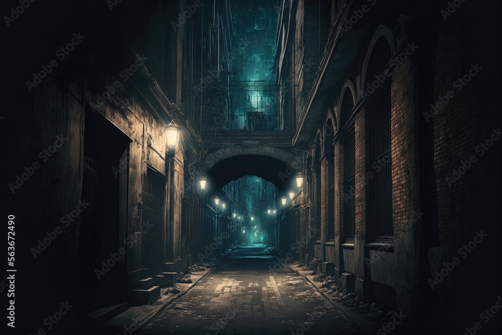 Enigmatic dark alley in a city. Generative AI