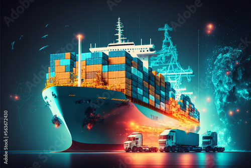 Transportation and logistic network distribution growth. Container cargo ship and trucks of industrial freight for shipping. Business logistic import export and transport industry. Global business