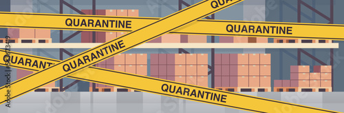 Empty no people warehouse interior full of cargo with yellow crisis tape coronavirus pandemic quarantine and modern storehouse interior horizontal banner concept flat vector illustration.
