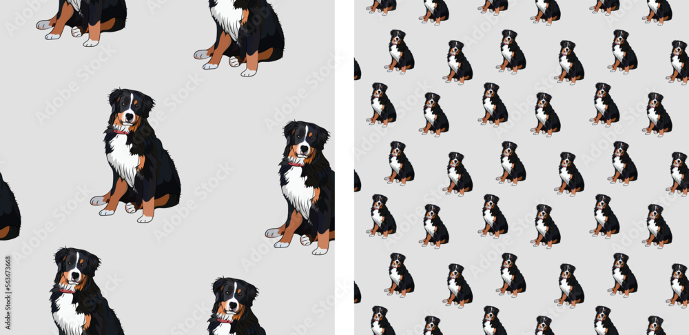 Seamless terrier dog pattern, holiday texture. Light Packaging, textile, decoration, wrapping paper. Trendy hand-drawn funny breed wallpaper. Fun seamless happy Bernese Mountain square pattern. 