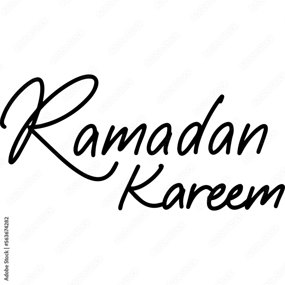 Ramadan Kareem Handwritten Isolated Lettering.  Illustration of Islamic Holiday Phrase. Black Calligraphy over White Background.