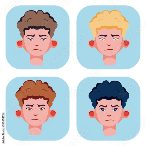 Set of young boys flat cartoon angry faces colorful hair and eyes 