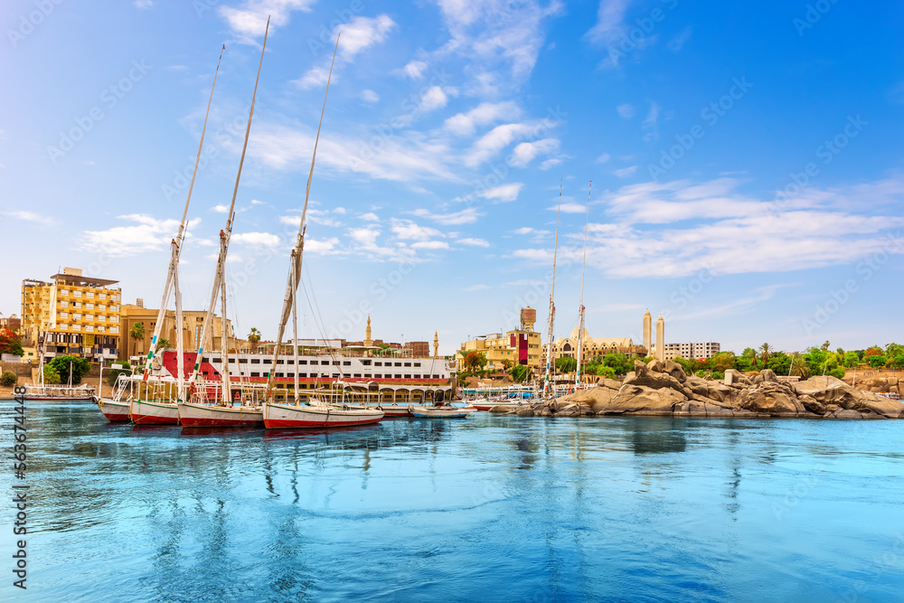 Beautiful sailboats by the bank of the Nile, Aswan, Egypt