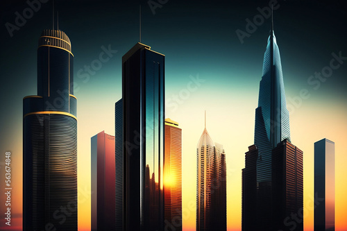 Generative AI panoramic view painting  silhouette of modern skyscrapers buildings
