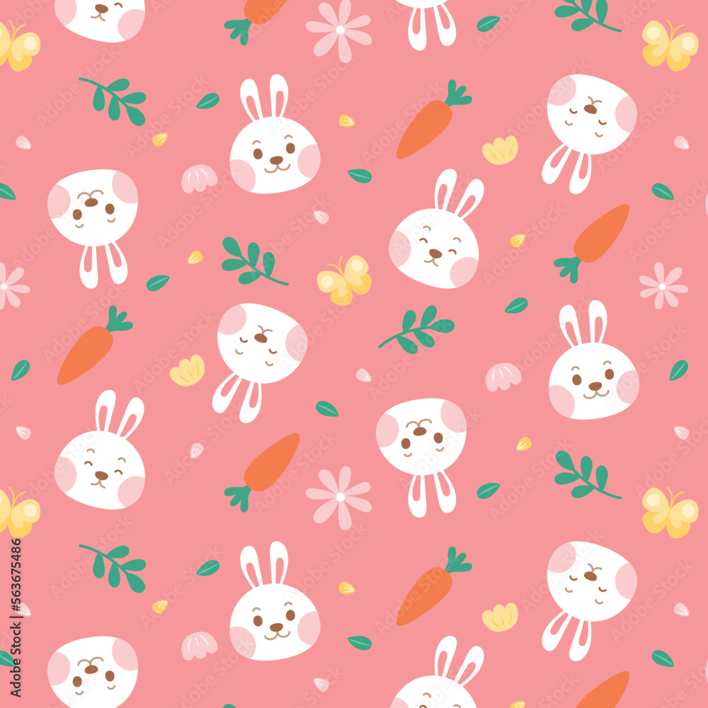 Cute White Rabbit Eith Flower And Carrot, Pattern, Vector, Illustration