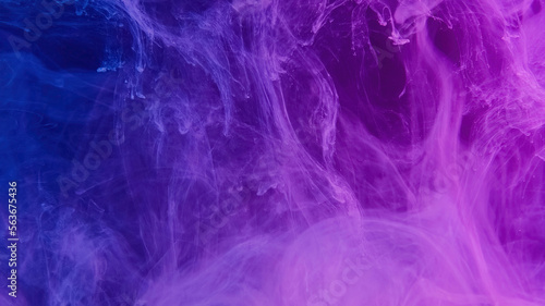 Neon smoke. Mist texture. Steam floating. Fantasy air. Blur purple blue color light vapor cloud spreading abstract background.