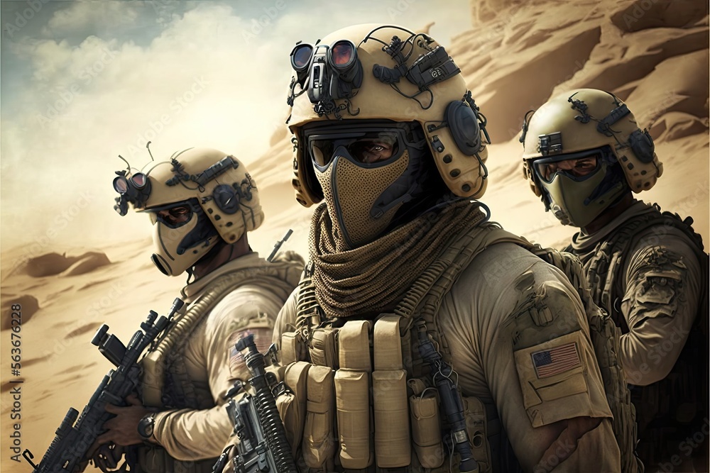 Fototapeta premium Desert Special Forces Military Unit in Full Tactical Gear in the desert, generative ai