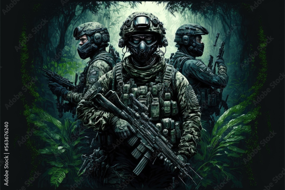 jungle Special Forces Military Unit in Full Tactical Gear in the desert, generative ai forest scene jungle Special Forces Military Unit in Full Tactical Gear in the desert, generative ai forest scene