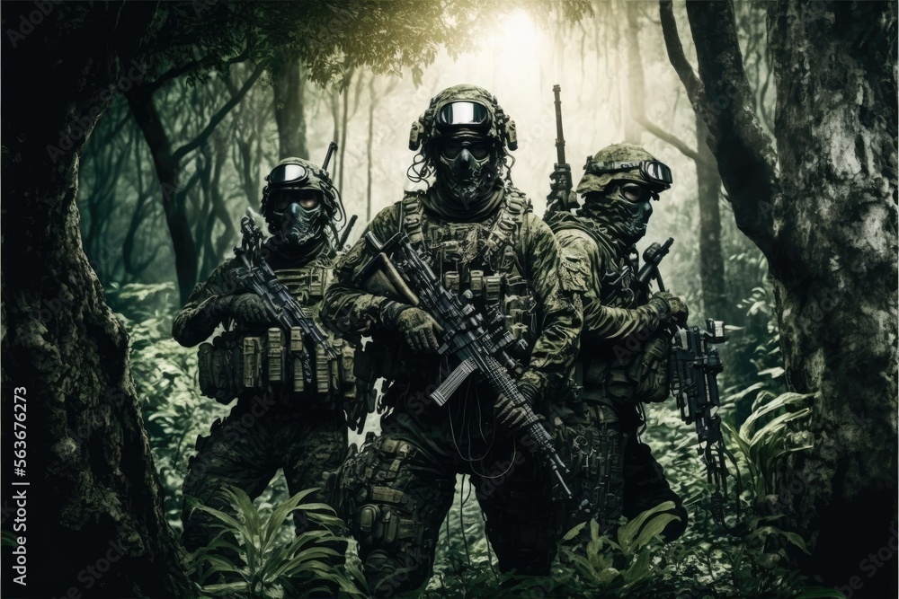 jungle Special Forces Military Unit in Full Tactical Gear in the desert, generative ai forest scene