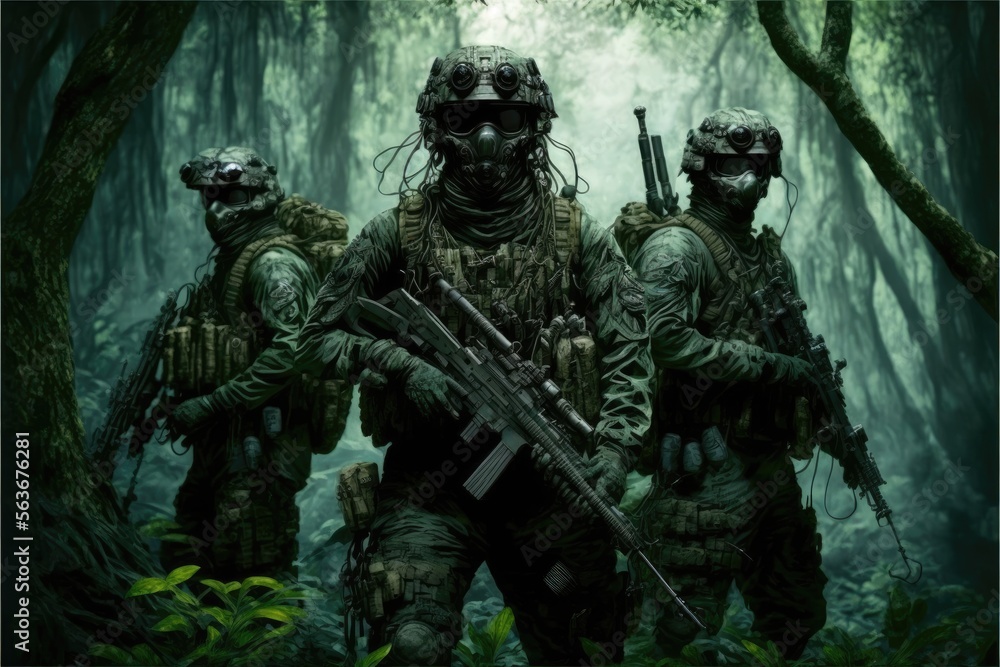 jungle Special Forces Military Unit in Full Tactical Gear in the desert, generative ai forest scene jungle Special Forces Military Unit in Full Tactical Gear in the desert, generative ai forest scene