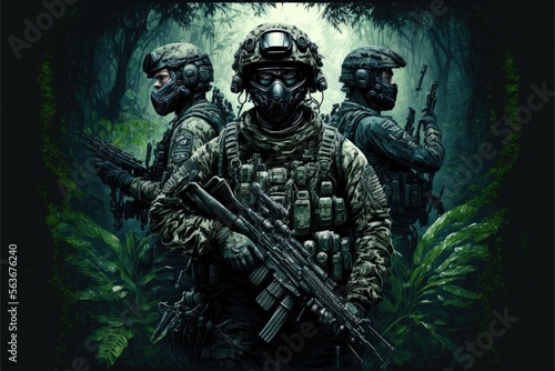 jungle Special Forces Military Unit in Full Tactical Gear in the desert, generative ai forest scene © Ecleposs