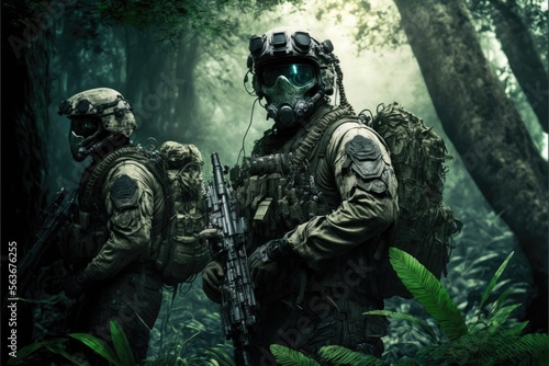 jungle Special Forces Military Unit in Full Tactical Gear in the desert, generative ai forest scene © Ecleposs