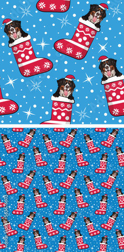 Pattern design with Bernese Mountain dogs in stockings, seamless pattern. Repeatable textile, wrapping paper, blue background graphic design. Christmas winter wallpaper with snowflakes, dog in a hat.
