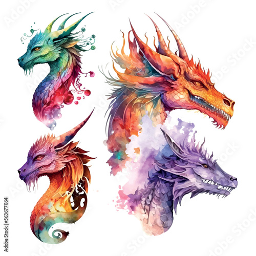 Colorful dragon set with wings isolated on white background. Watercolor. Illustration. Template. Sketch. Handmade Clip art.